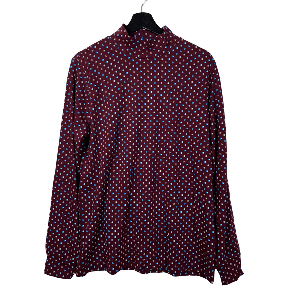 Lands End Burgundy Red Polka Dot Shirt Mock Neck Cotton Blue White Medium Tall